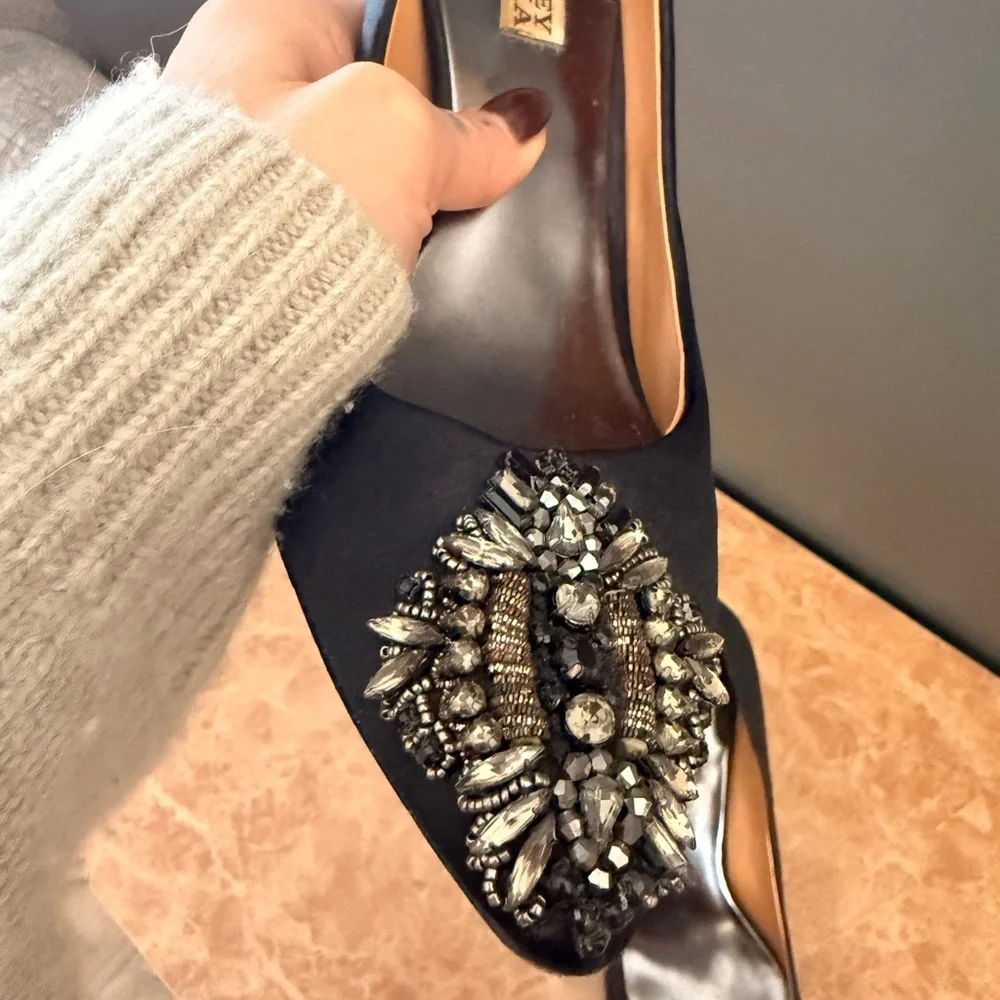 Badgley Mischka Black Satin Embellished Heels - Picture 10 of 11